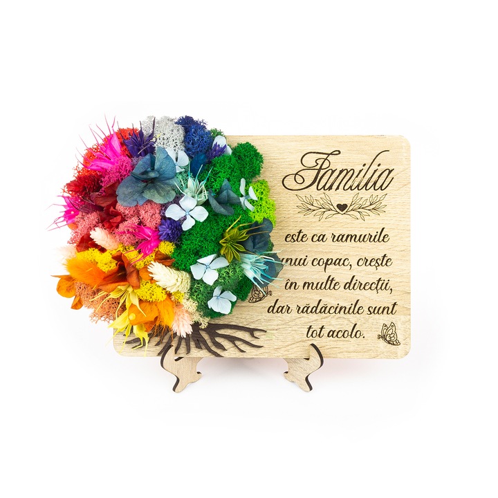 Tablou Lemn Text Familie Cu Licheni si Flori Uscate YoobirimBox Handmade, 20 x 15 cm