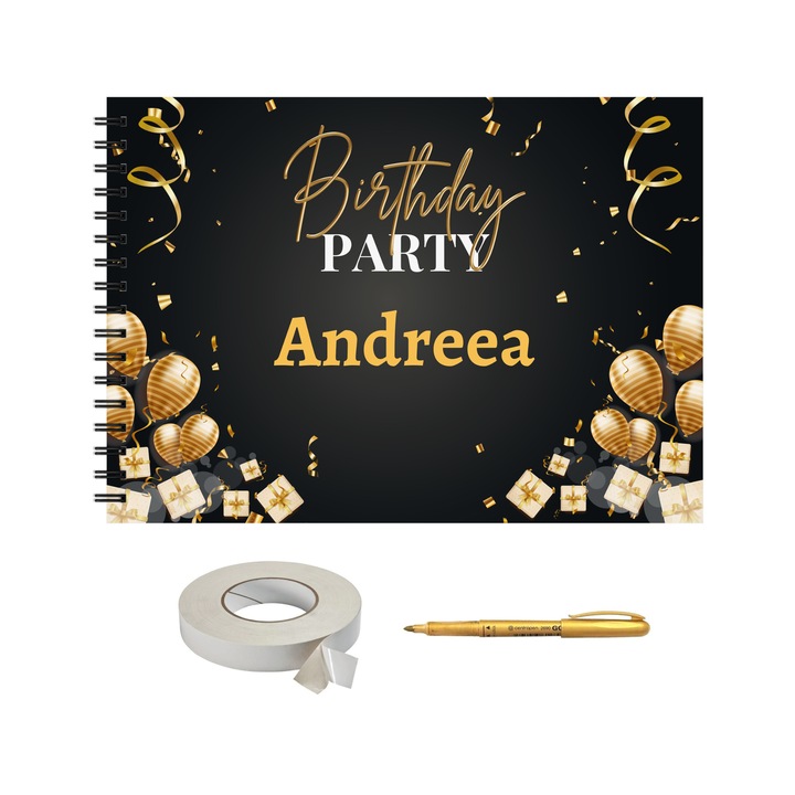Set Album foto / GuestBook pentru aniversare sau majorat, model 5, personalizabil, A4 landscape, pix si dubluadeziv inclus, 3 piese