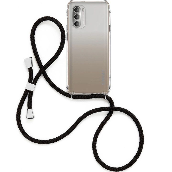 Калъф G-Tech Strap, Съвместим с Motorola Moto E20 / E30 / E40, Регулируема каишка за врат, Antishock, TPU, Прозрачен/ Черен