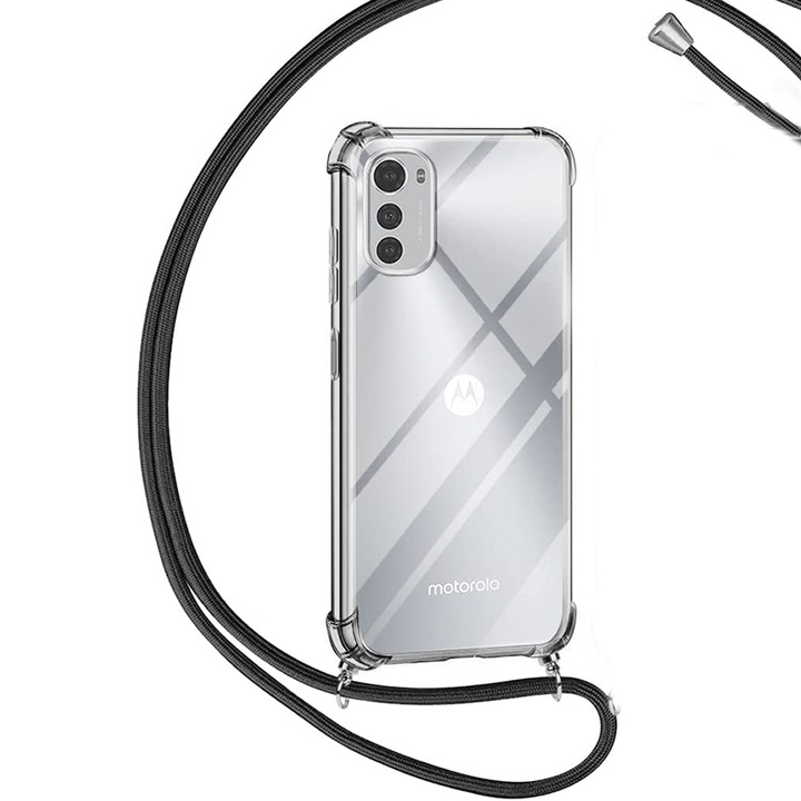 G-Tech Strap Cover, съвместим с Motorola Moto E32 / E32s, регулируема каишка за врат, Antishock, TPU, прозрачен/ черен