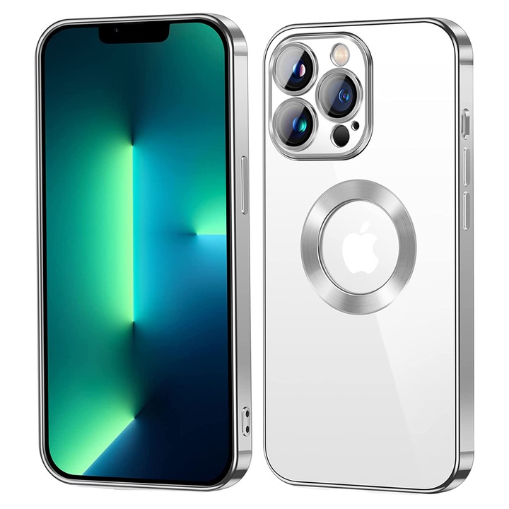 Премиум луксозен калъф Magsafe, съвместим с iPhone 14 Pro, Antishock, прозрачен със сребристи ръбове