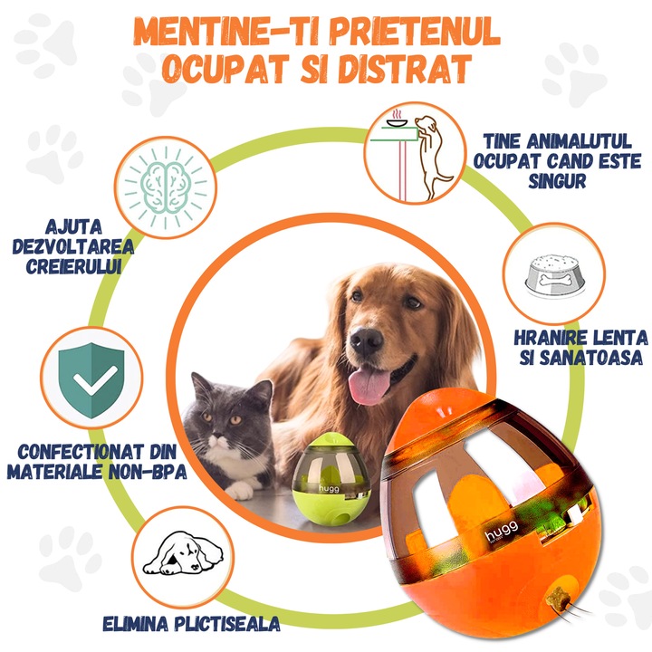 Jucarie Interactiva cu Recompense pentru Animale, HUGG Wobbler, Tip Hranitor cu Eliberare Lenta de Mancare pentru Caini si Pisici, Portocaliu