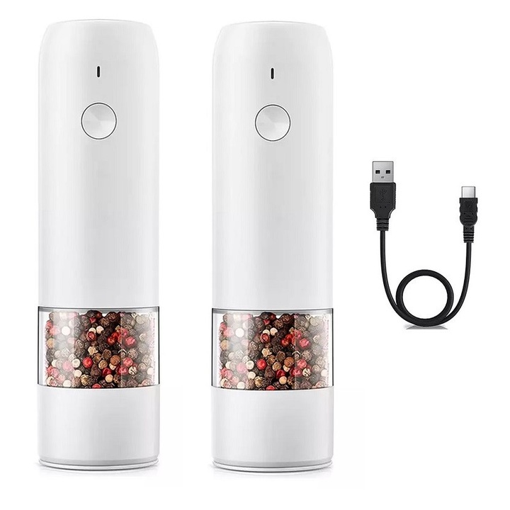 Set de rasnite electrice automate, Smart Pulse, Grinder pro, mecanism ceramic, LED, baterii reincarcabile, incarcare USB, Alb