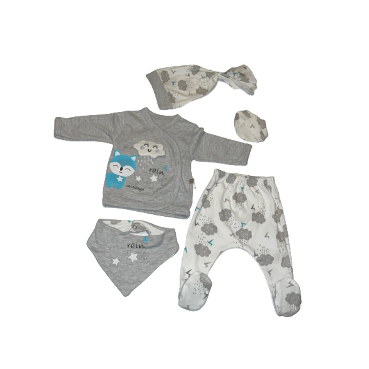 Compleu nou-nascut, 5 piese, Norisor, 0-3 luni, Gri, 56 cm