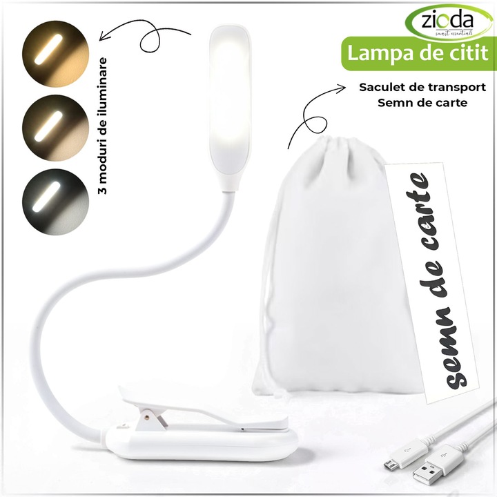 Lampa pentru citit, zioda smart essentials®, cu clema de prindere pe carte, 7 led-uri, 3 moduri de iluminare, incarcare usb, alb
