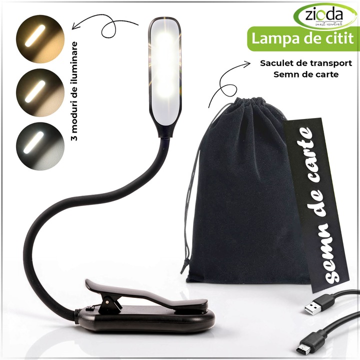 Lampa pentru citit, zioda smart essentials®, cu clema de prindere pe carte, 7 led-uri, 3 moduri de iluminare, incarcare usb, negru