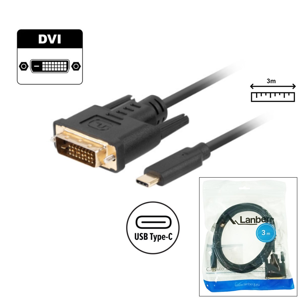 Videokábel USBC DVID 24+1 érintkezős, 3 m, dupladuga, dual link