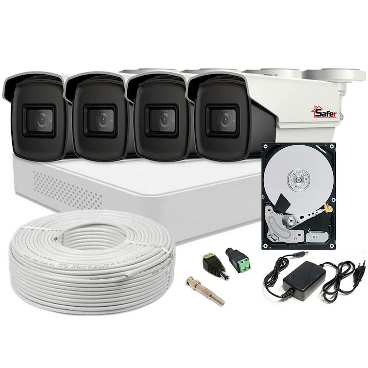 Kit supraveghere video Safer, 2 MP, 4 camere, IR 80m, DVR 4 canale, HDD 1 TB, SAF-4XFHDIR80ACC-1TB
