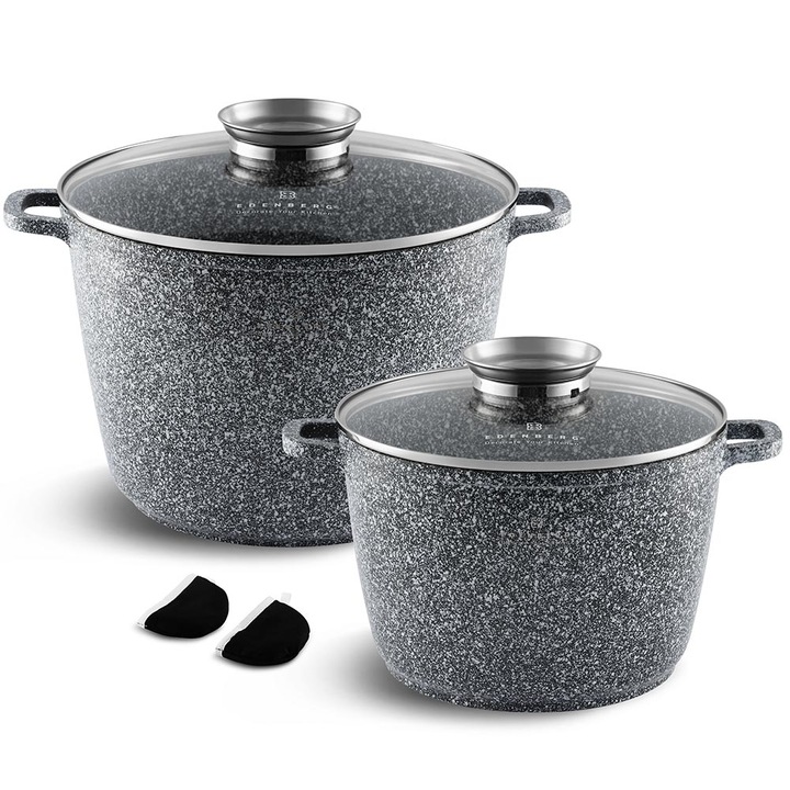 Set de 4 buc. Oale de 28 si 24 cm inaltime cu strat de marmura antiaderent si capac de sticla Edenberg EB-8045