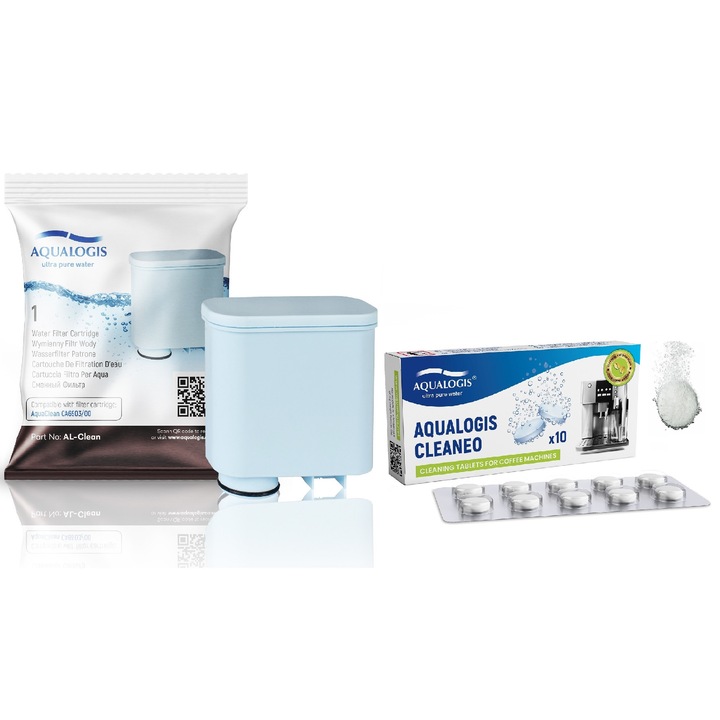 Комплект за поддръжка Aqualogis, За машина за еспресо, Филтър AL-Clean, 10x почистващи таблетки cleaneo