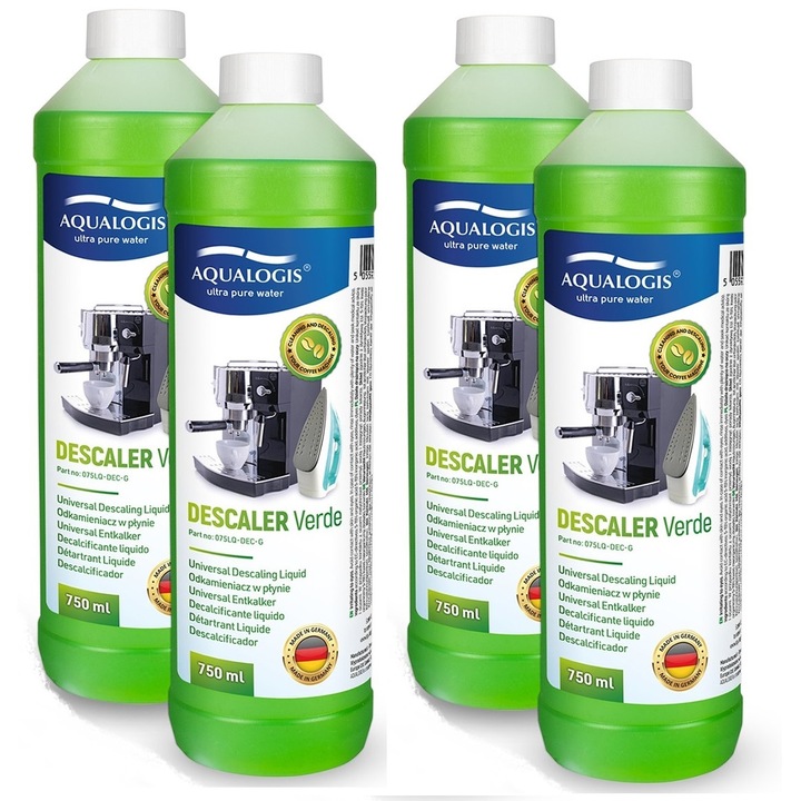 Set 4 sticle solutie decalcifiere pentru espressoare, Aqualogis, Verde, Compatibilitate universala, 750 ml