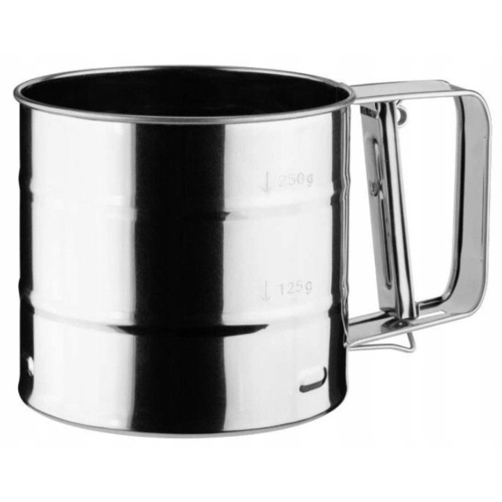 Cana cu sita pentru cernut faina, Galicja, Inox, 10x8cm, 250g, Argintiu