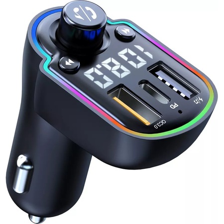 Modulator FM Bluetooth 5.0 EverQ®, Tip Transmitator FM, Incarcare rapida, Functie de incarcator auto, USB 2.0, MP3 Player, Type C 20W, USB 3.1A, Lumini Ambientale, Negru