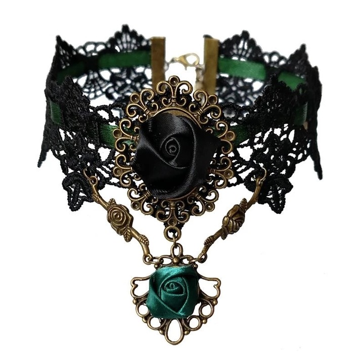 Csipke choker nyaklánc, Gothic Green, állítható méretű