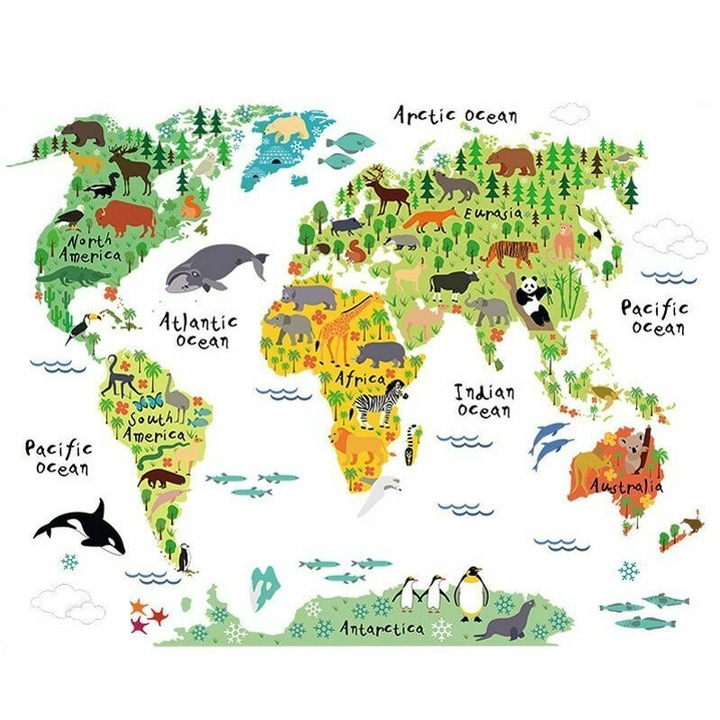Sticker educativ cu Harta Lumii Luxer, Autocolant decorativ World Map Animals, 95x73 cm