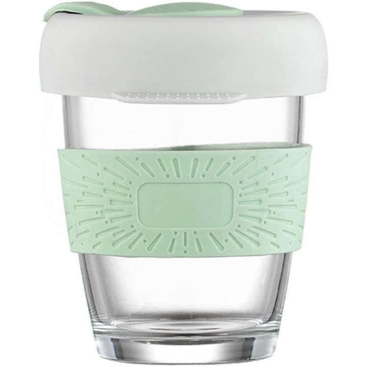 Чаша за пътуване, AEYTLOI, стъкло/силикон, 350 мл, прозрачна/зелена
