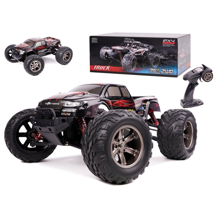 Masina RC Monster Truck, Cu telecomanda, 1:12, 2.4 GHz, 31 x 27 x 15 cm, Negru/Rosu