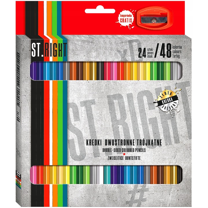 Set 24 creioane cu doua capete si ascutitoare, ST.Right, Multicolor