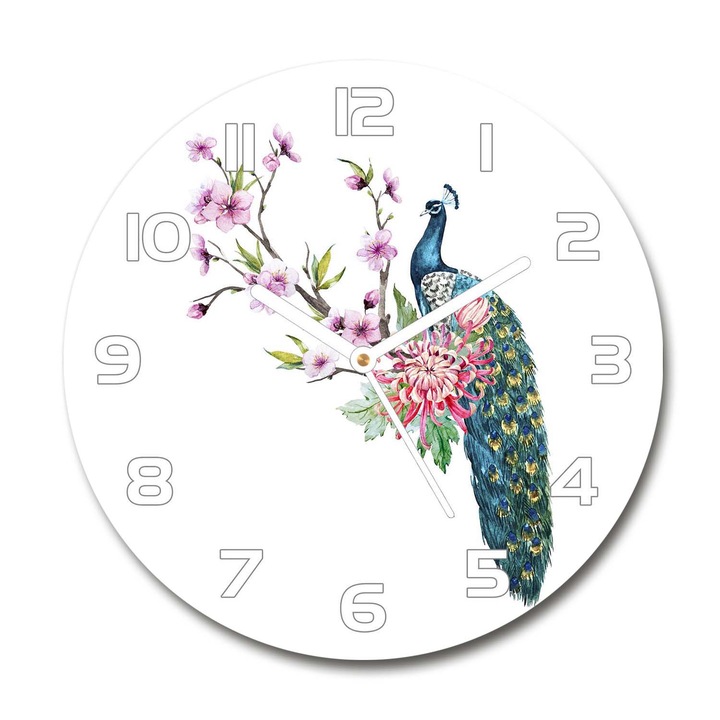 Ceas de perete. de sticla. flori de paun. Multicolor. Rotund Ø30 cm. 137329257