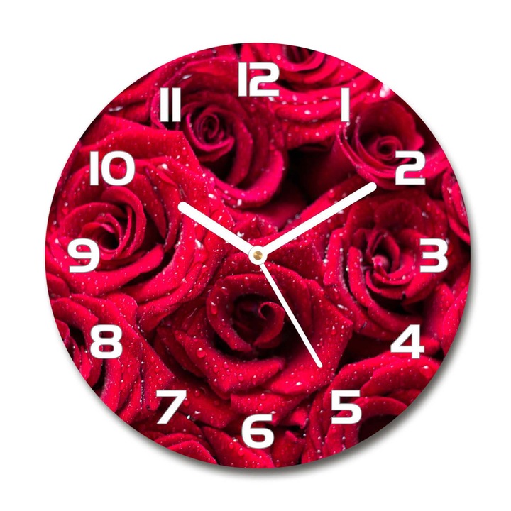 Ceas de perete. de sticla. picaturi pe trandafiri. Rosu. Rotund Ø30 cm. 122317792