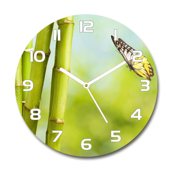 Ceas de perete. de sticla. fluture de bambus. Verde. Rotund Ø30 cm. 69817087