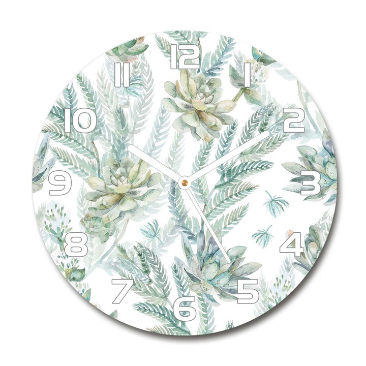Ceas de perete. de sticla. flori frunze. Verde. Rotund Ø30 cm. 99874675