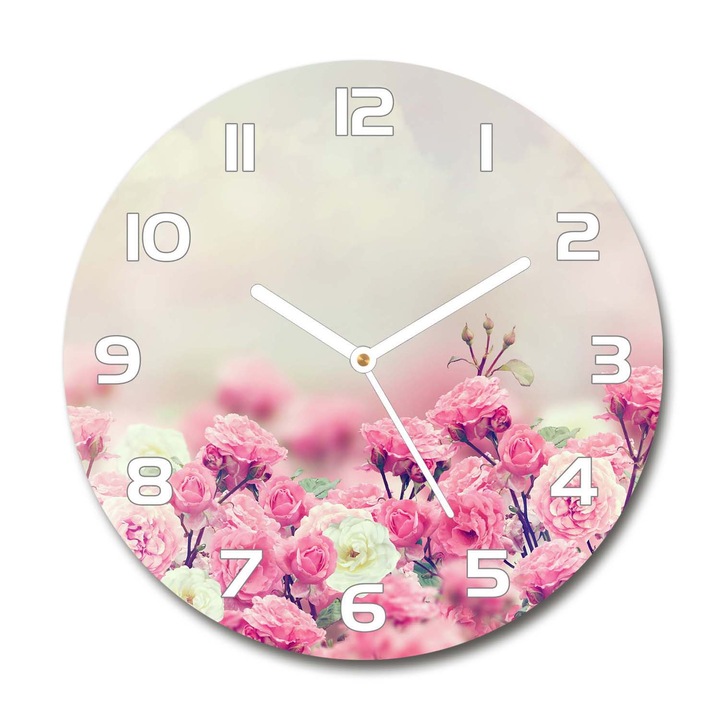 Ceas de perete. de sticla. flori trandafir salbatic. Roz. Rotund Ø30 cm. 84071229
