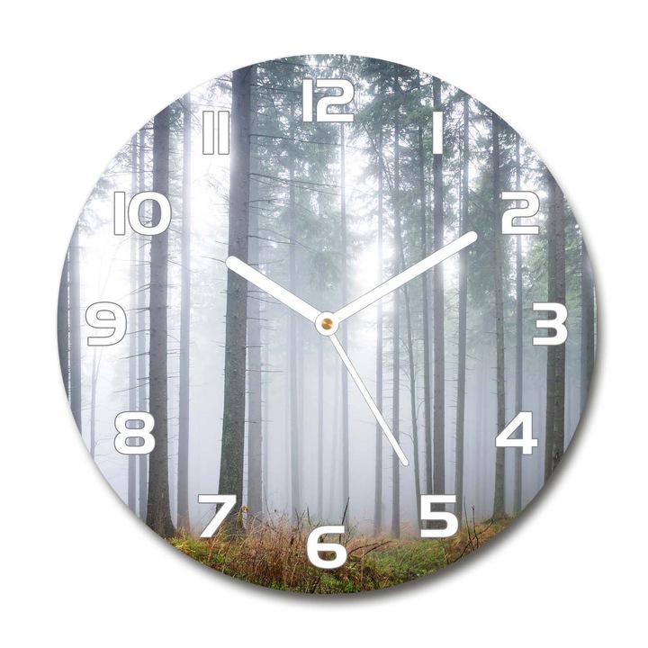 Ceas de perete. de sticla. ceata in padure. Gri. Rotund Ø30 cm. 74026356