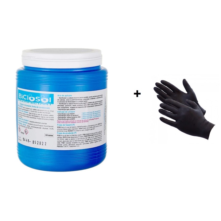 Комплект за дезинфекция на питейна вода, Biclosol 300 таблетки и чифт черни защитни ръкавици, нитрил, размер L