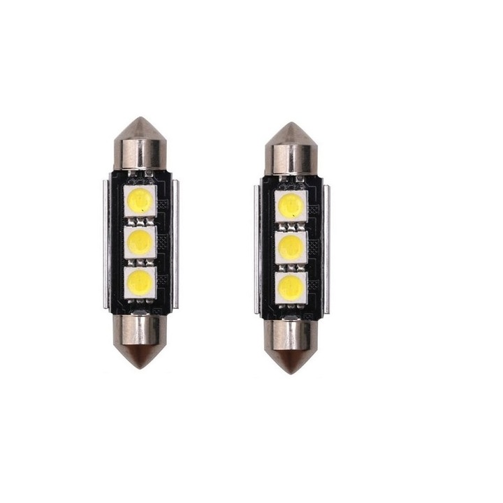 Комплект 2 бели автомобилни светодиоди 12V 3 SMD 5050 39 мм
