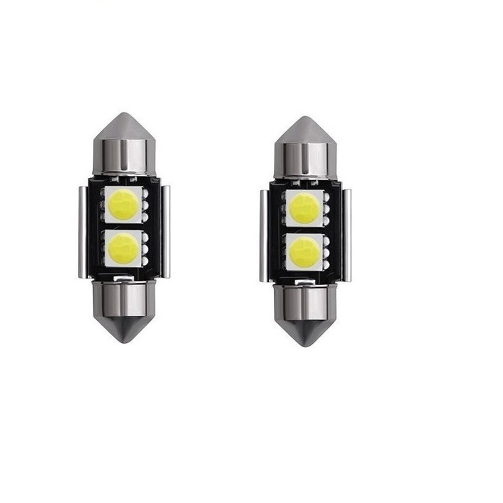 Комплект 2 бели автомобилни светодиода 12V 2 SMD 5050 31 мм