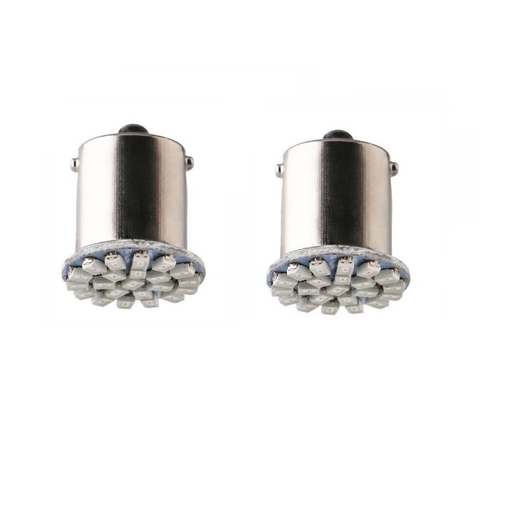 Set de 2 becuri LED BA15S 1156 (PY21W) 24V, lumina alba tip blit / stroboscopic, cu 22 LED-uri SMD, pini opusi 180° doua surse de lumina, ambalate in blister