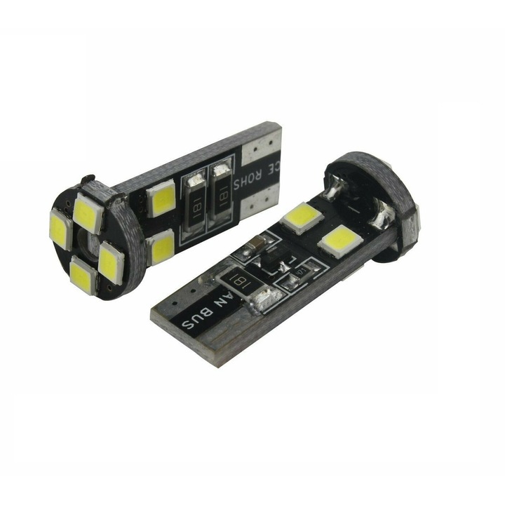 Комплект от 2 броя бели автомобилни светодиоди 12V Т10 W5W 8 SMD