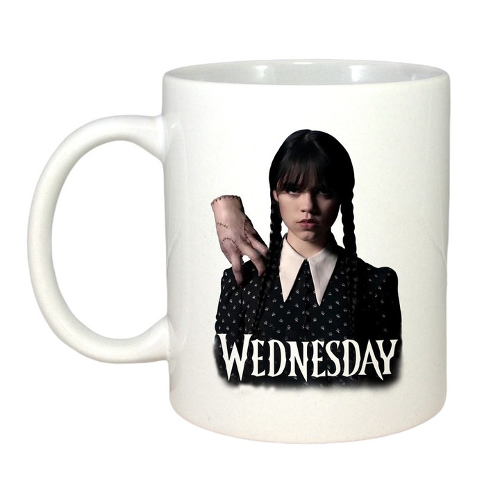 Cana personalizata cu imprimeu Wednesday, Ceramica, 330 ml, Maner si interior Alb, Model 8