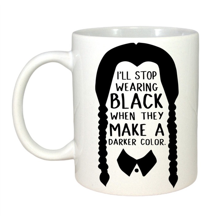 Cana personalizata cu imprimeu Wednesday, Ceramica, 330 ml, Maner si interior Alb, Model 31