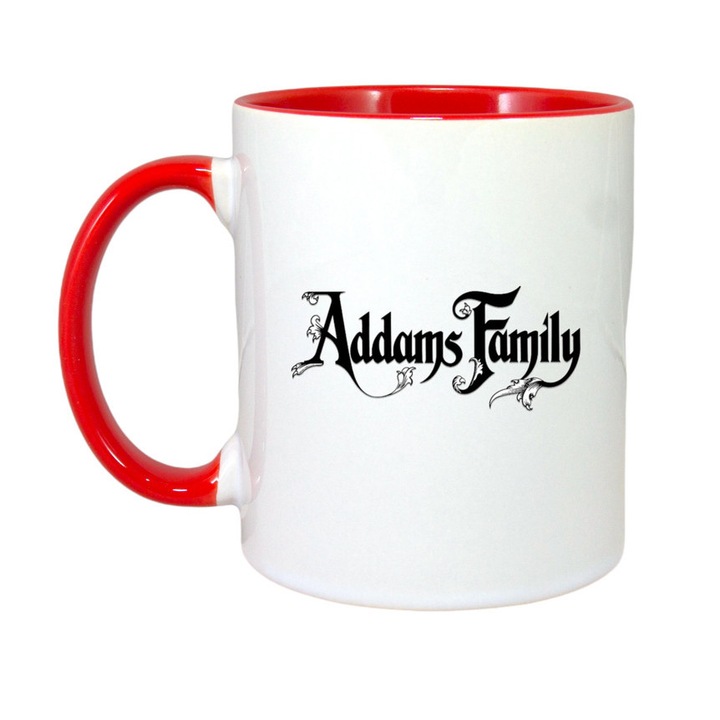 Cana personalizata cu imprimeu Wednesday, Ceramica, 330 ml, Maner si interior Rosu, Model 28