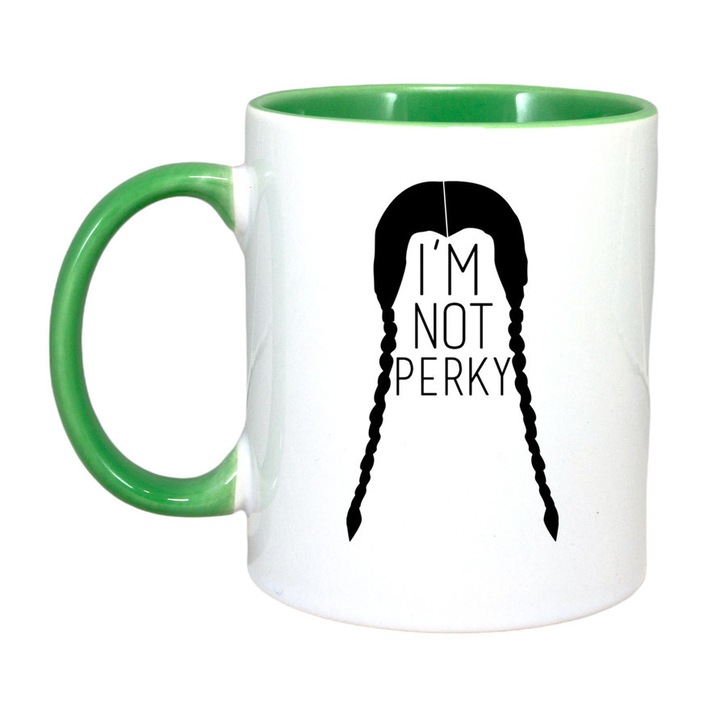 Cana personalizata cu imprimeu Wednesday, Ceramica, 330 ml, Maner si interior Verde, Model 67