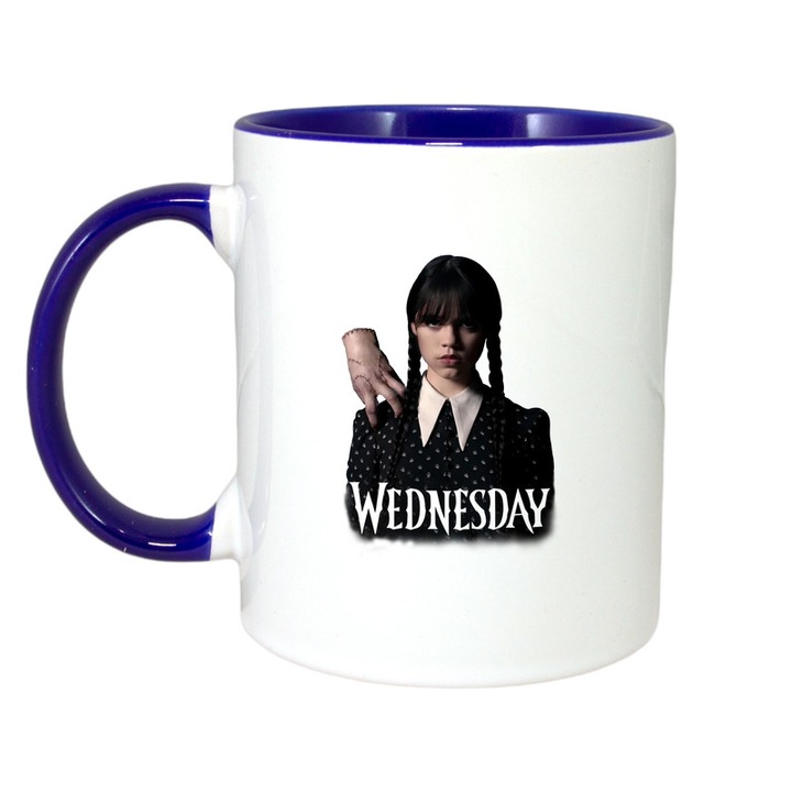 Cana personalizata cu imprimeu Wednesday, Ceramica, 330 ml, Maner si interior Albastru, Model 8