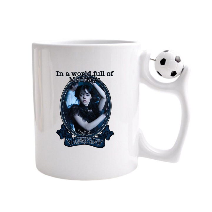Cana personalizata cu imprimeu Wednesday, Ceramica, 330 ml, Maner cu minge de fotbal, Model 5