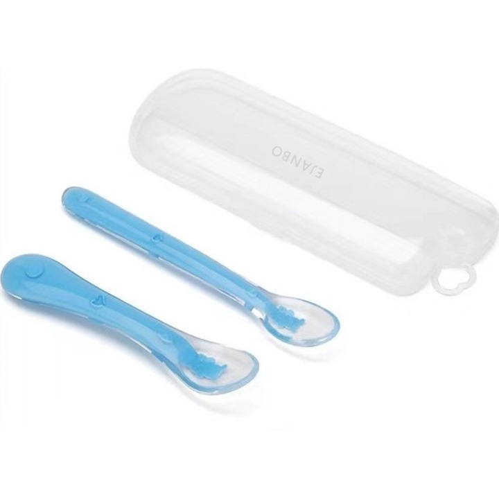 Set 2 lingurite bebelusi flexibile din silicon, EJANBO, Albastru, BPA-free, dimensiuni diferite