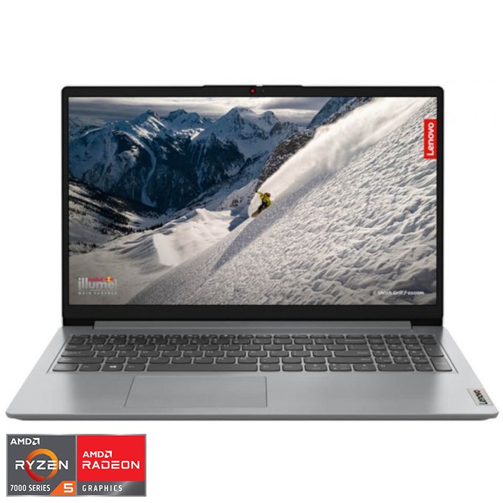 Laptop Lenovo IdeaPad 1 15AMN7 cu procesor AMD Ryzen™ 5 7520U pana la 4.3 GHz, 15.6", Full HD, 8GB DDR5, 512GB SSD, AMD Radeon™ 610M, No OS, Cloud Grey