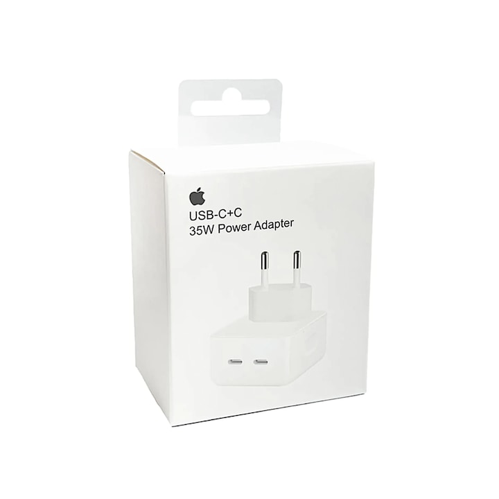 Мрежов адаптер Apple, Dual Port USB-C 35W, за iPhone, iPad, MacBook, Airpods, Apple Watch, Бързо зареждане, MNWM3AM/A, Бял, CRB-BBL7205