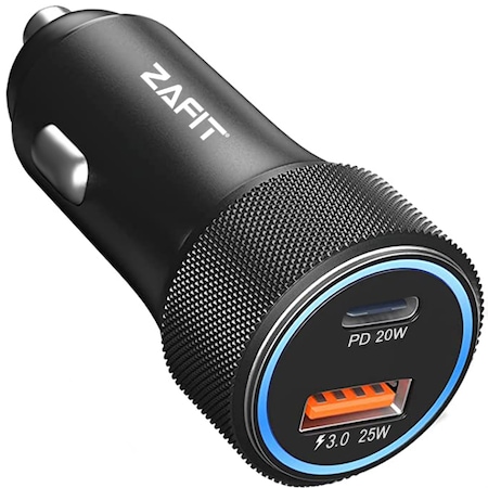 Incarcator auto ZAFIT™, 45W Super Fast charge, 1 x Tip C, 1 x USB 3.0, Corp aliaj aluminiu, Indicator LED, Universal