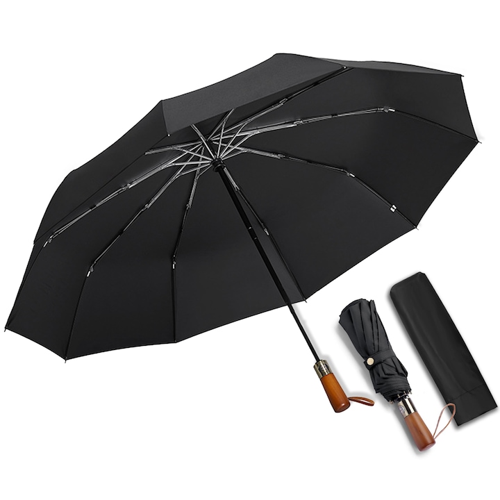 Umbrela Pliabila SDLOGAL, Maner din lemn, cu Deschidere si Inchidere Automata, Rezistenta la vant, 105cm- Negru