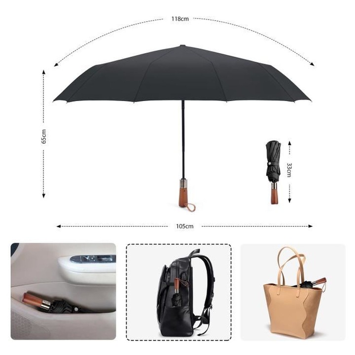 Umbrela Pliabila SDLOGAL, Maner din lemn, cu Deschidere si Inchidere Automata, Rezistenta la vant, 105cm- Negru