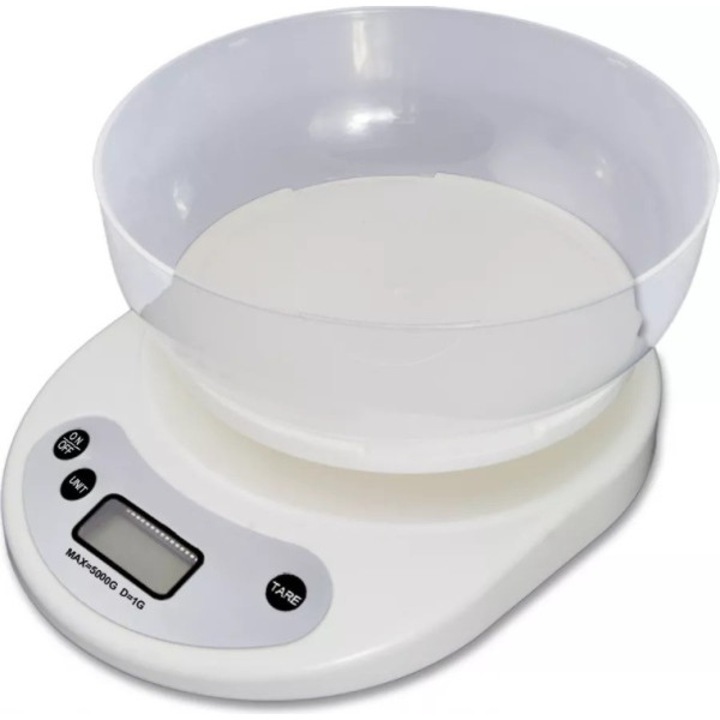 EDAR konyhai mérleg, edénnyel együtt, LCD képernyő, 5 kg, folyadékmérési funkció, fehér