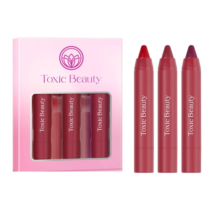 Set 3 rujuri mate tip creion Vegan cu miros de fructe si vitamine pentru hidratare, Toxic Beauty, Red Mix