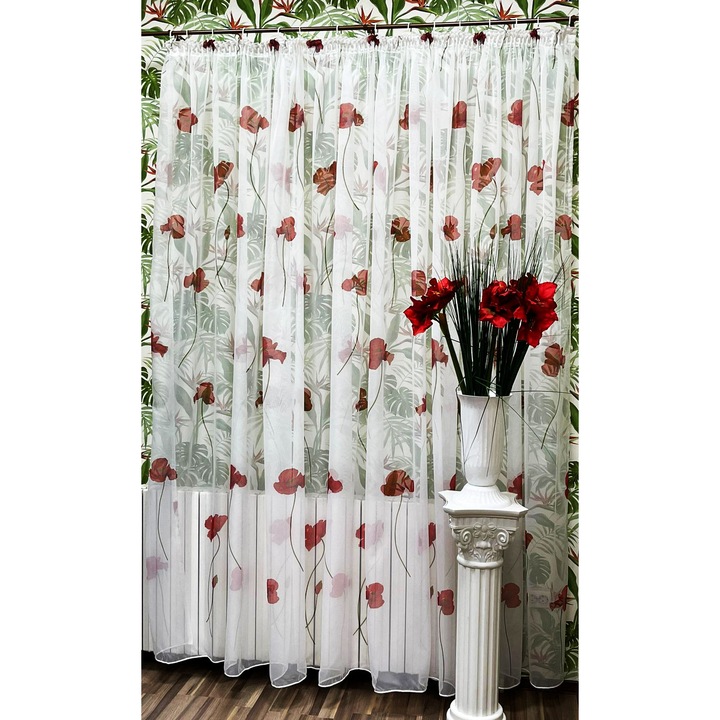 Perdea voal imprimat, culoare alb/rosu, colectia "Camp cu maci" by Liz Line, cu rejansa 150x245cm - PD08915