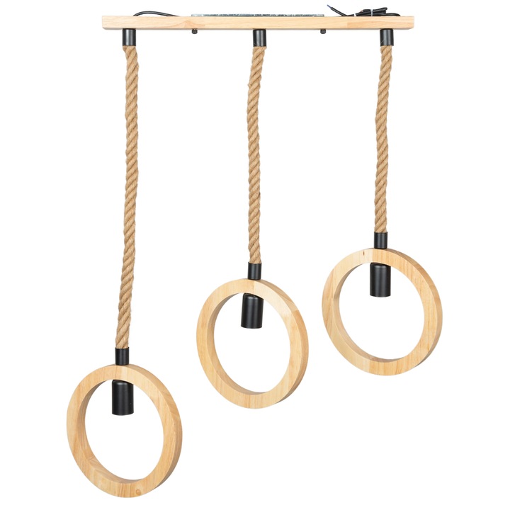 Lustra vintage cu sfoara/funie cu lemn, 3 becuri E27, abajur cerc, reglabila, max 60W, IP20