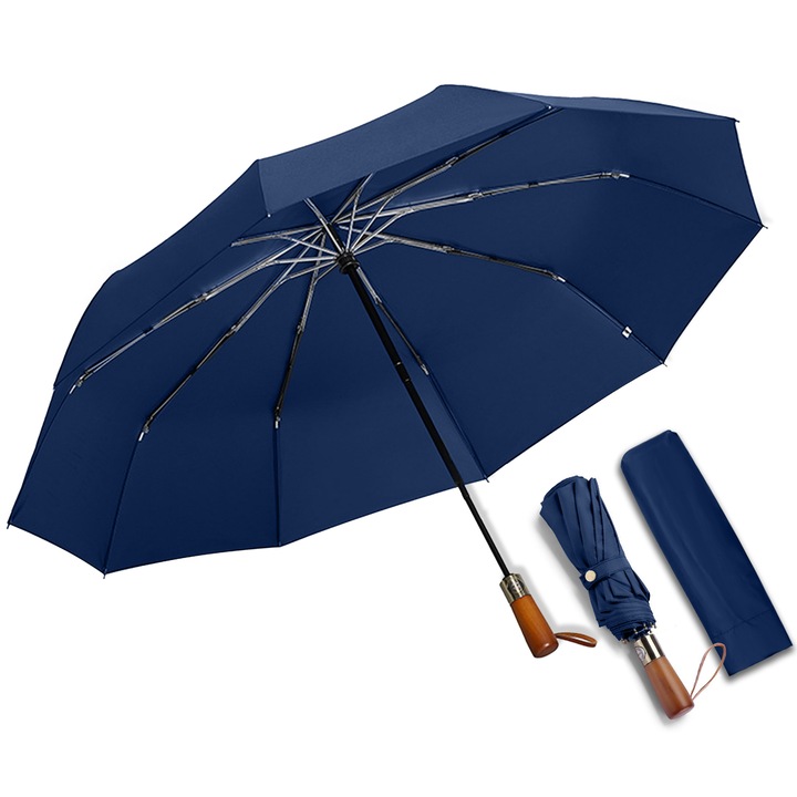 Umbrela de Lux pliabila, SDLOGAL, Unisex, Maner din lemn, Deschidere si Inchidere Automata, Rezistenta la vant, 105cm - Albastru